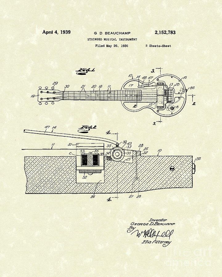 Electric Guitar 1939 Patent Art Drawing by Prior Art Design