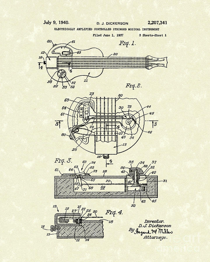 Electric Guitar 1940 Patent Art Drawing by Prior Art Design