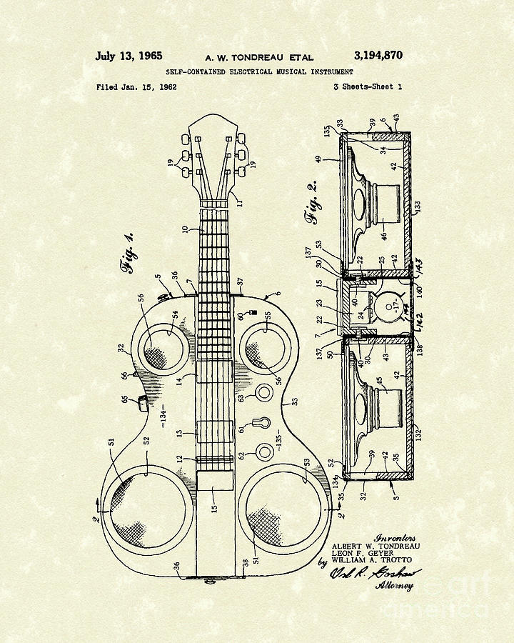 Electric Guitar 1965 Patent Art Drawing by Prior Art Design