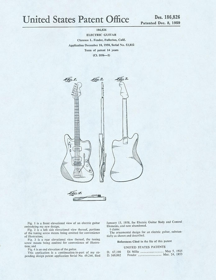 Electric Guitar Patent Drawing on blue background Drawing by Steve Kearns