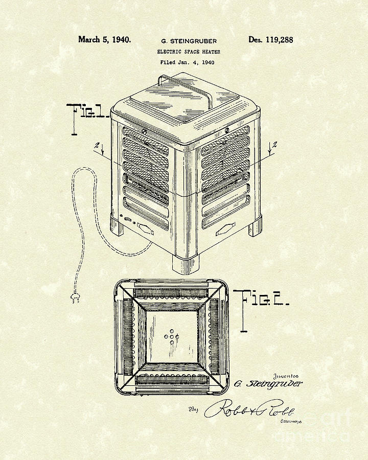 Electric Heater 1940 Patent Art Drawing by Prior Art Design
