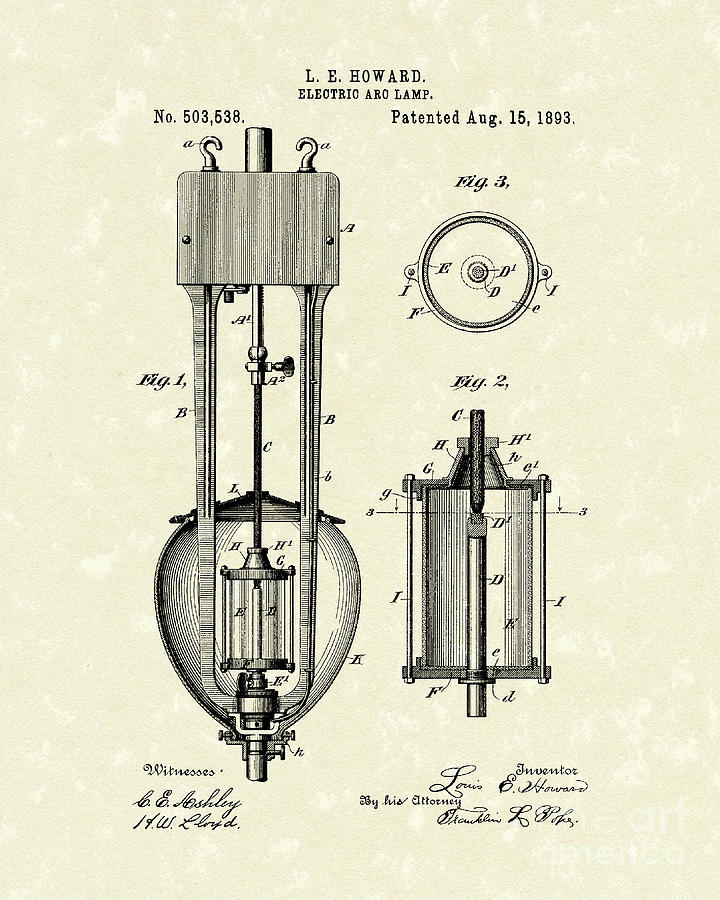 Electric Lamp 1893 Patent Art Drawing by Prior Art Design
