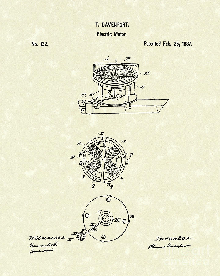 Electric Motor 1837 Patent Art Drawing by Prior Art Design