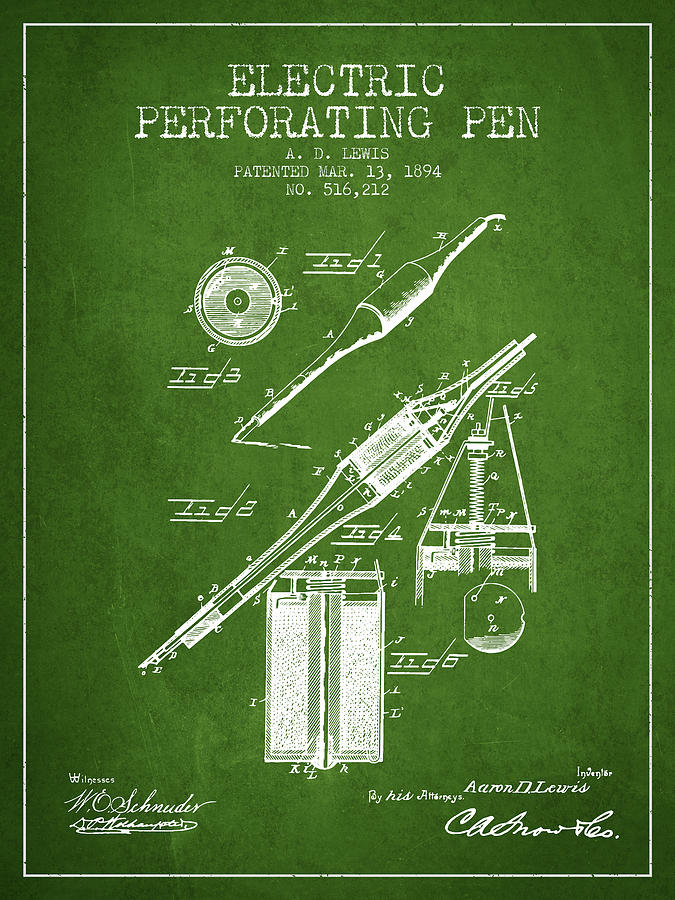 Vintage Digital Art - Electric Perforating Pen Patent from 1894 - Green by Aged Pixel