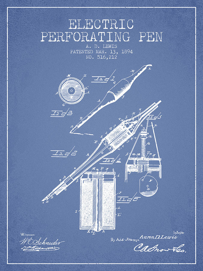 Vintage Digital Art - Electric Perforating Pen Patent from 1894 - Light Blue by Aged Pixel