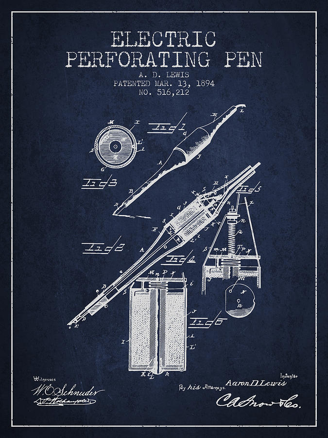 Vintage Digital Art - Electric Perforating Pen Patent from 1894 - Navy Blue by Aged Pixel