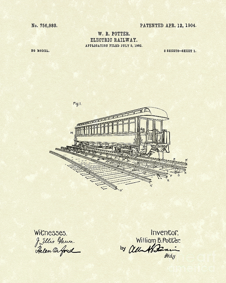 Electric Railway 1904 Patent Art Drawing by Prior Art Design