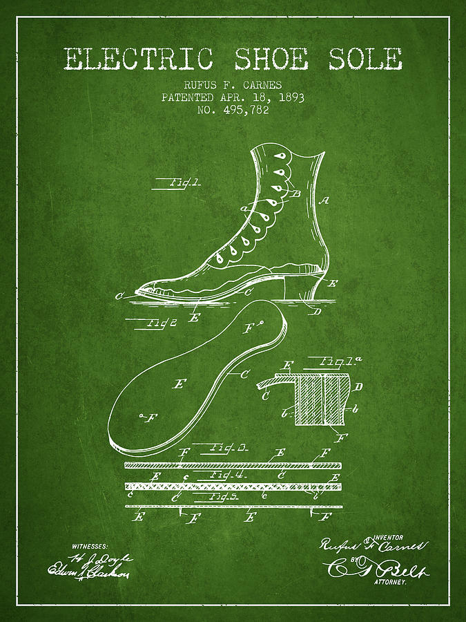 Boot Digital Art - Electric Shoe Sole Patent from 1893 - Green by Aged Pixel