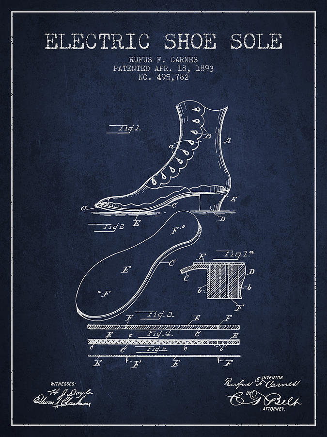 Boot Digital Art - Electric Shoe Sole Patent from 1893 - Navy Blue by Aged Pixel