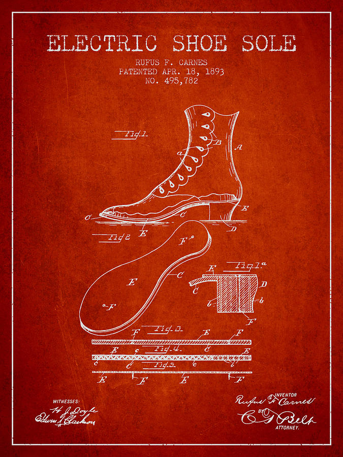 Boot Digital Art - Electric Shoe Sole Patent from 1893 - Red by Aged Pixel