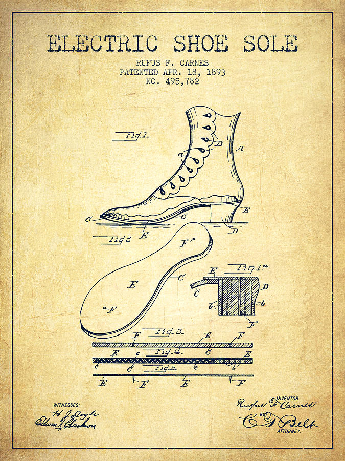 Boot Digital Art - Electric Shoe Sole Patent from 1893 - Vintage by Aged Pixel