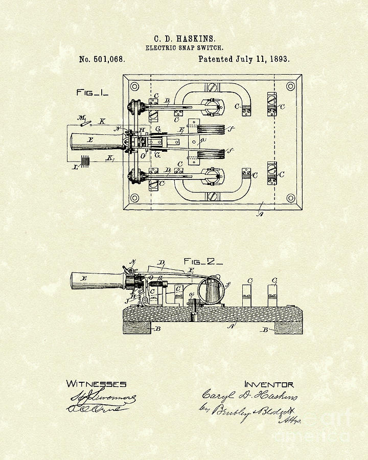 Electric Switch 1893 Patent Art Drawing by Prior Art Design