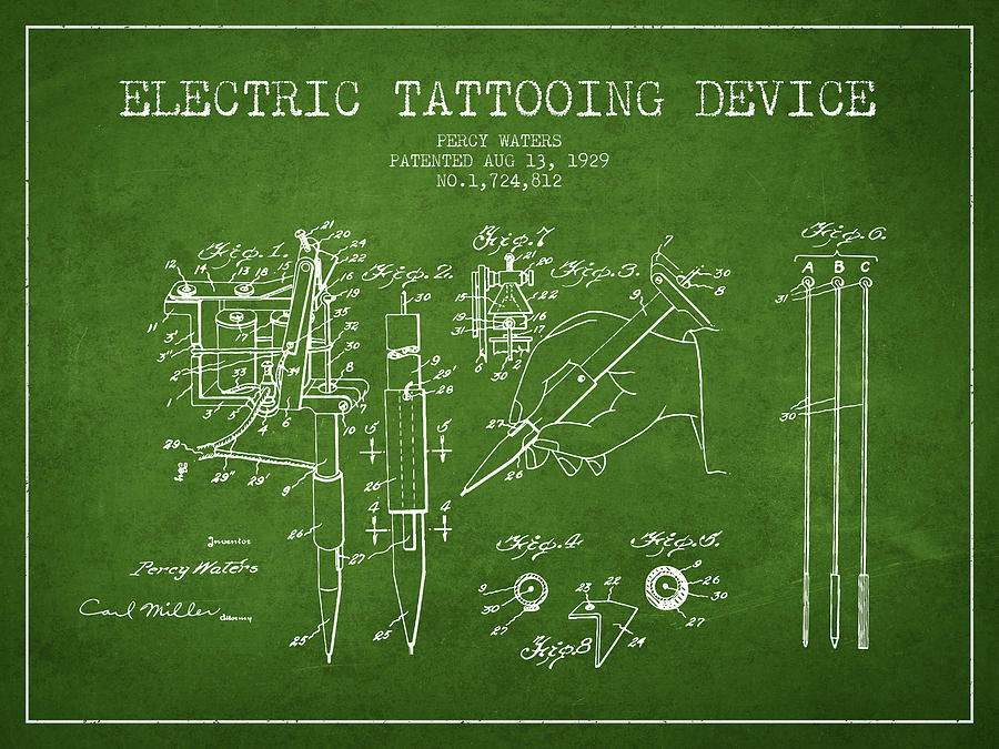 Vintage Digital Art - Electric Tattooing Device Patent From 1929 - Green by Aged Pixel