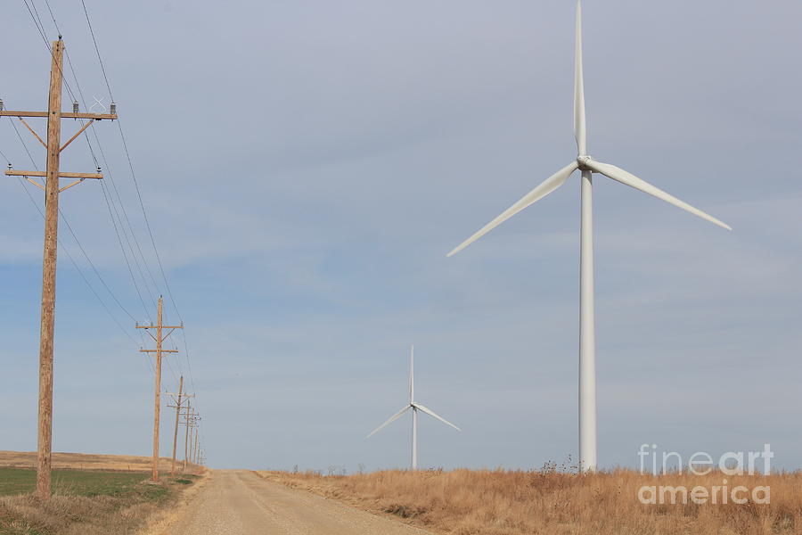 Landscape Photograph - Electric Windmills on a Country Road in Kansas by Robert D  Brozek