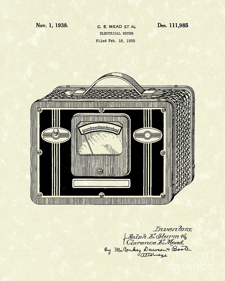 Electrical Meter 1938 Patent Art Drawing by Prior Art Design