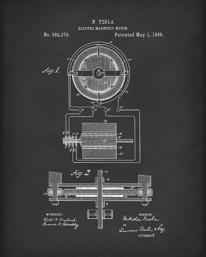 Electro Magnetic Motor Tesla 1888 Patent Art Black Drawing by Prior Art Design