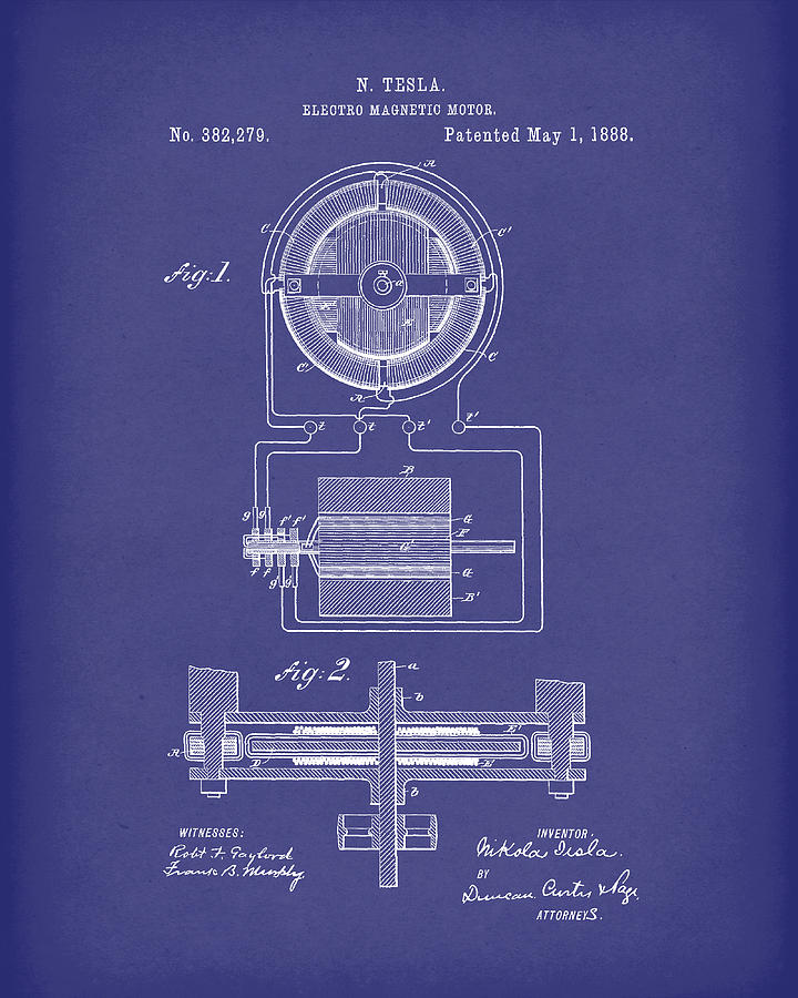Electro Magnetic Motor Tesla 1888 Patent Art Blue Drawing by Prior Art Design