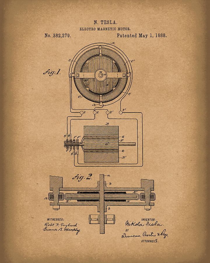 Electro Magnetic Motor Tesla 1888 Patent Art Brown Drawing by Prior Art Design