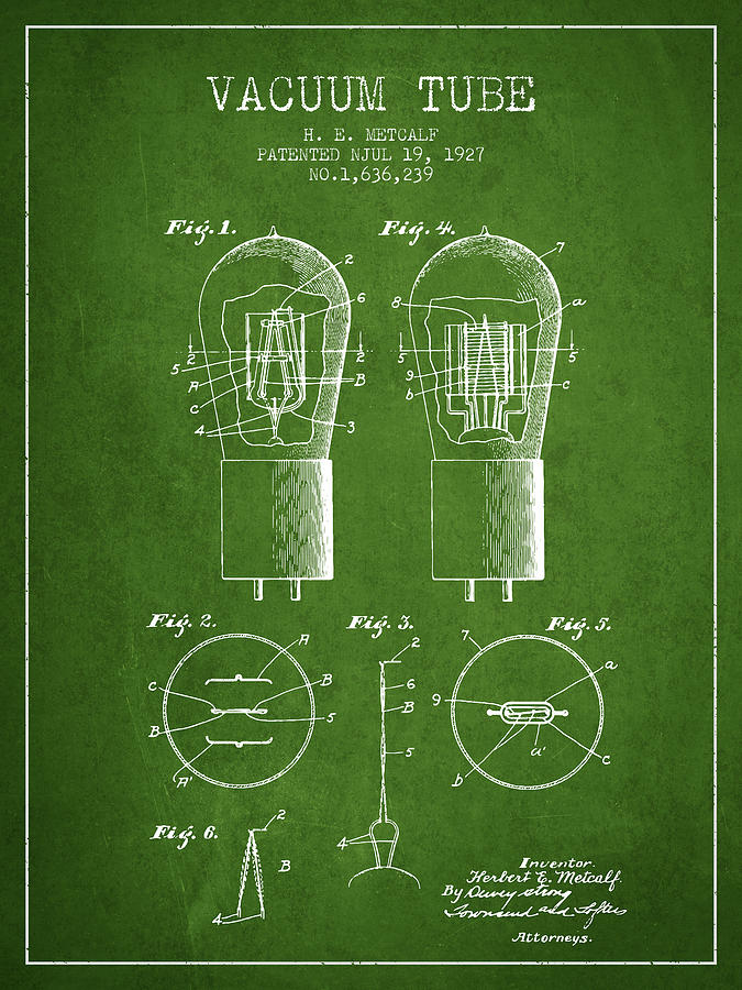 Vintage Digital Art - Electrode Vacuum Tube Patent From 1927 - Green by Aged Pixel