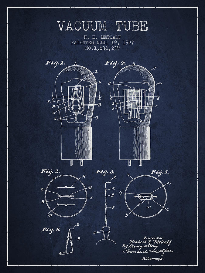Vintage Digital Art - Electrode Vacuum Tube Patent From 1927 - Navy Blue by Aged Pixel