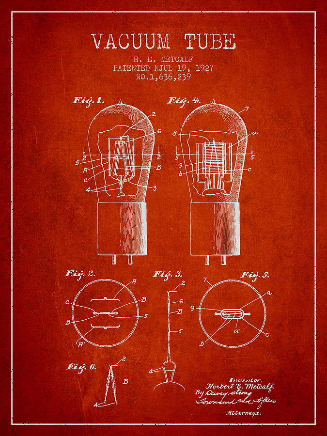 Vintage Digital Art - Electrode Vacuum Tube Patent From 1927 - Red by Aged Pixel