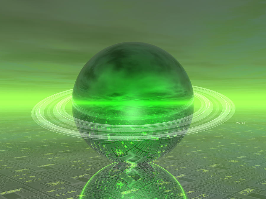 Electronic Green Saturn Digital Art by Phil Perkins