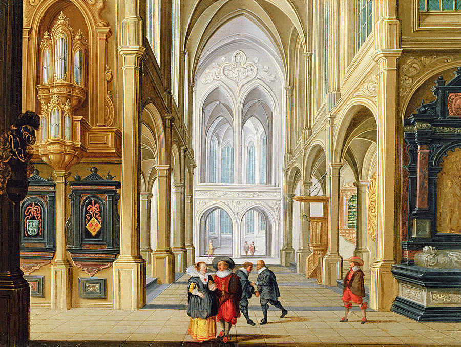 Architecture Painting - Elegant Figures in a Gothic Church by Dirck Van Deelen