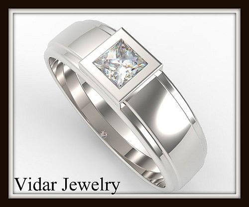 Wishrocks Princess Cut White Cubic Zirconia Mens Hip Hop Wedding Band Ring in 14K Gold Over Sterling Silver