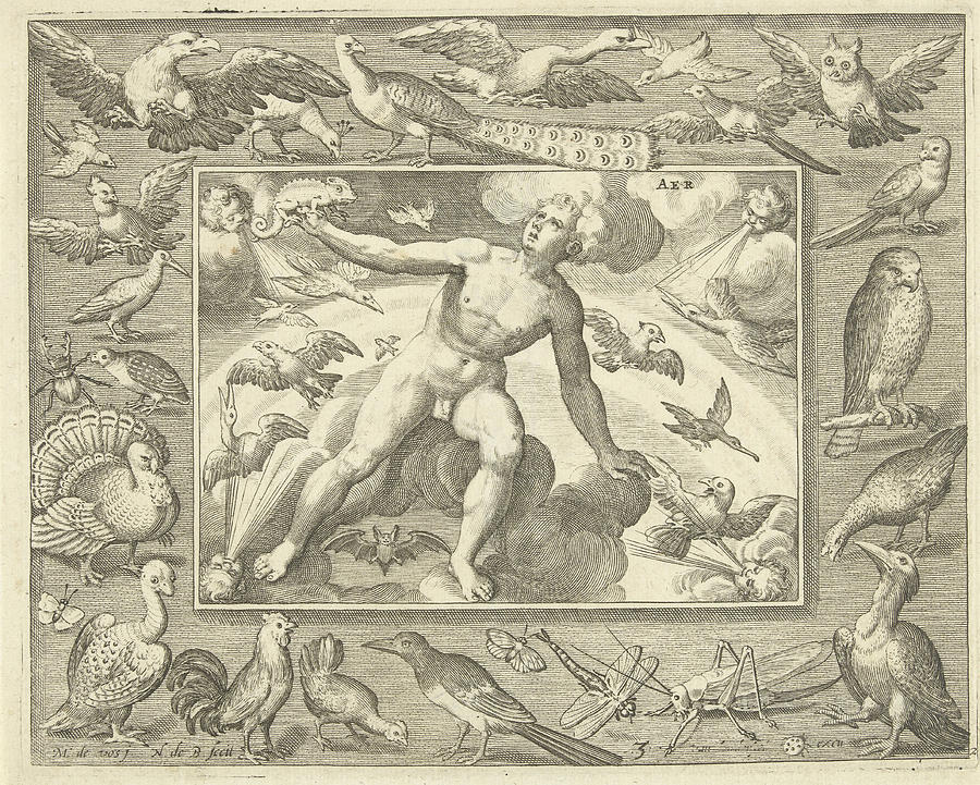 Peacock Drawing - Element Air As A Young Man On Clouds Between Flying Birds by Nicolaes De Bruyn And Maerten De Vos