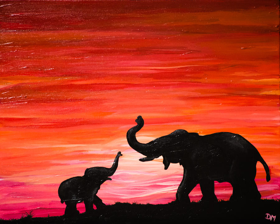 Sunset Painting - Elephant and Baby by Deanna Millard