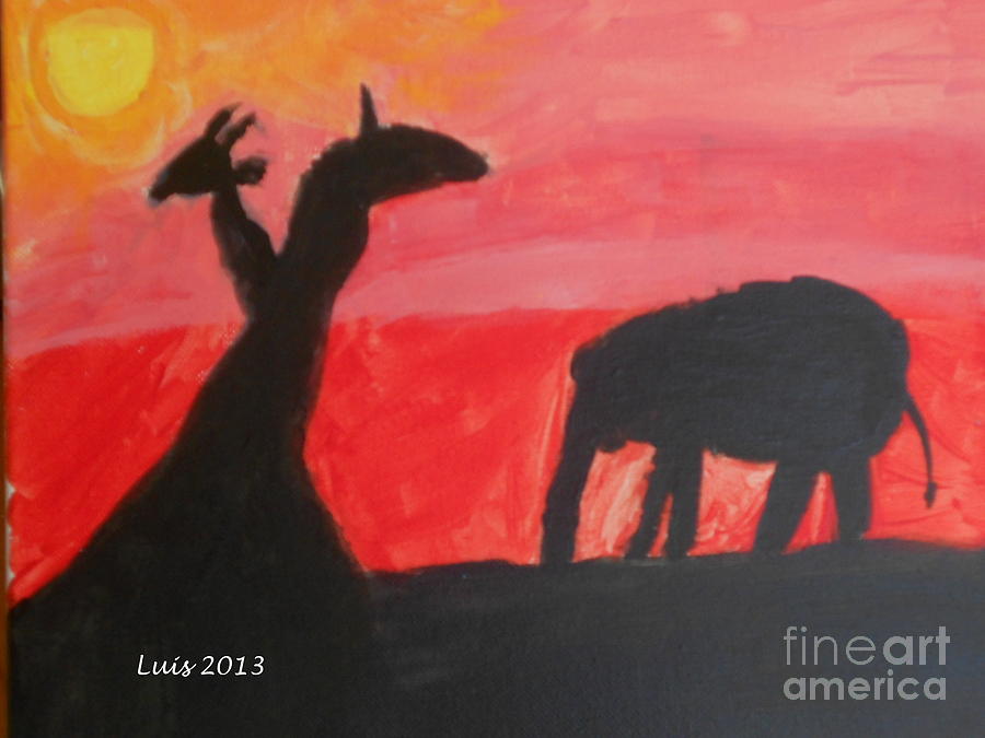 Africa Sunset Painting - Elephant and Giraffe  by Epic Luis Art