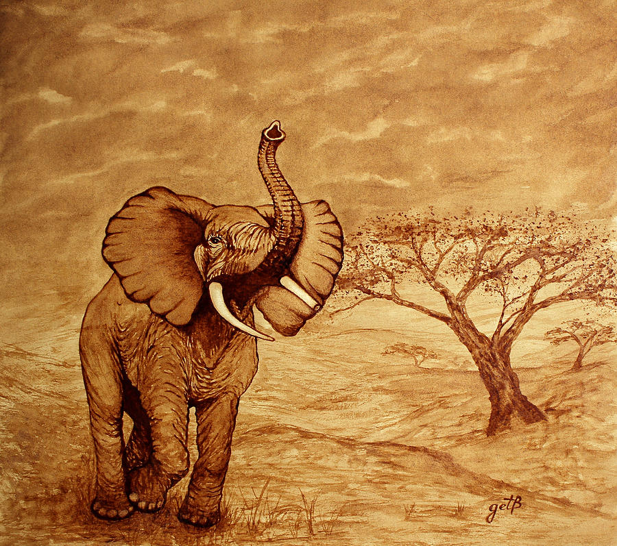 Wildlife Painting - Elephant Majesty original coffee painting by Georgeta  Blanaru