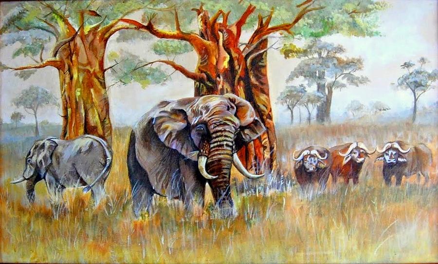 Elephant Safari Painting by Rama Balakrishnan