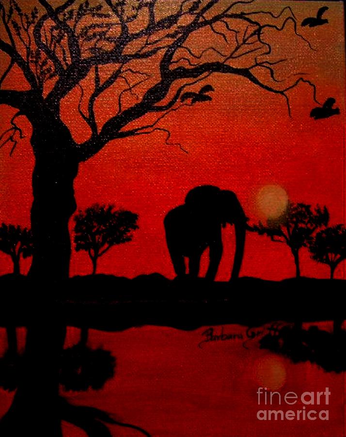 Elephant Silhouette at Sundown Painting by Barbara A Griffin