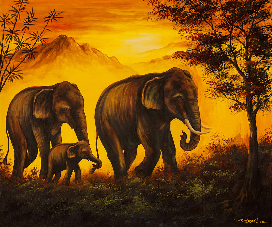 Elephant Family Sunset Photo Art Print Poster 24x36 inch 