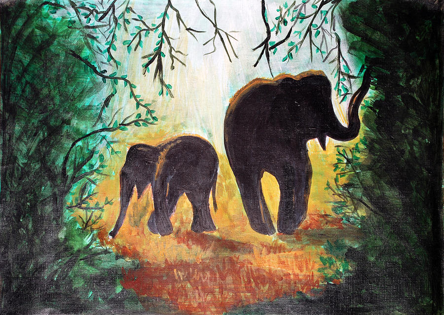 Elephants at night Painting by Saranya Haridasan