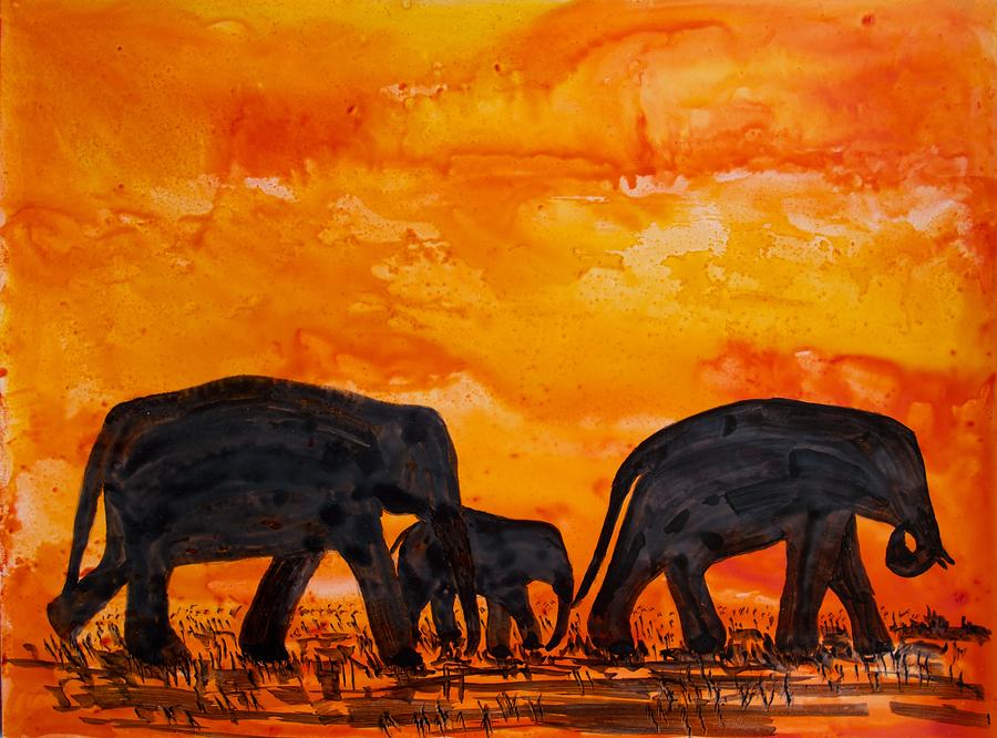 Elephants At Sunset Painting by Patricia Beebe