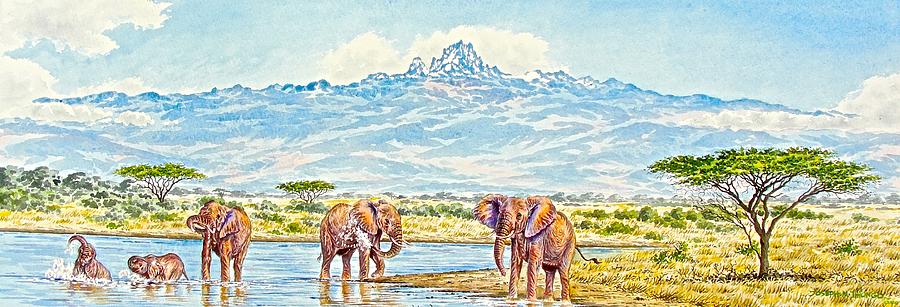 Elephants Bathing Painting by Joseph Thiongo