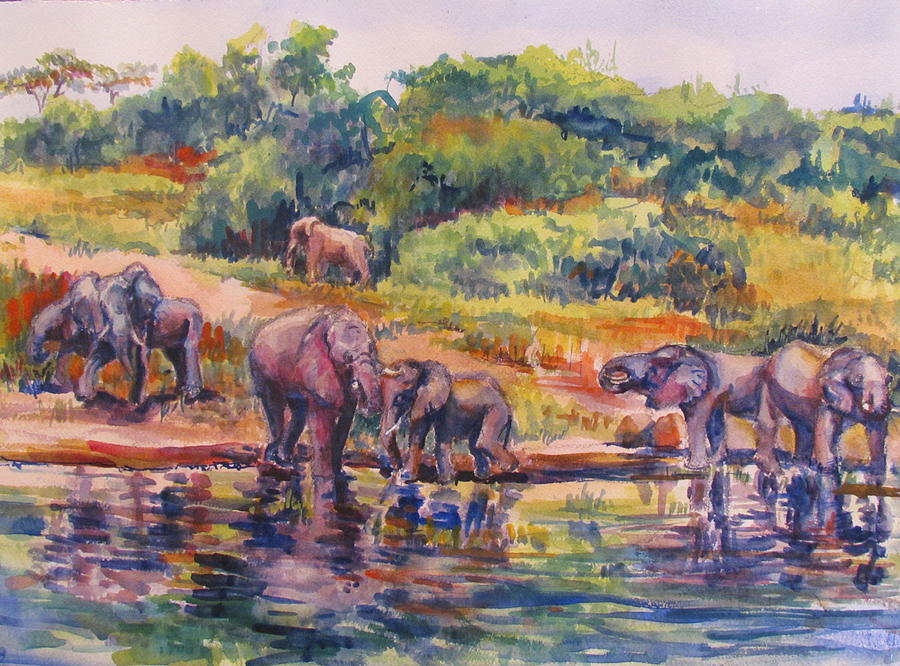 Elephant Painting - Elephants Drinking by Joyce Kanyuk