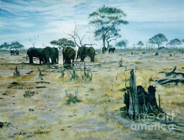 Elephants Landscape Painting by Jeanette Louw