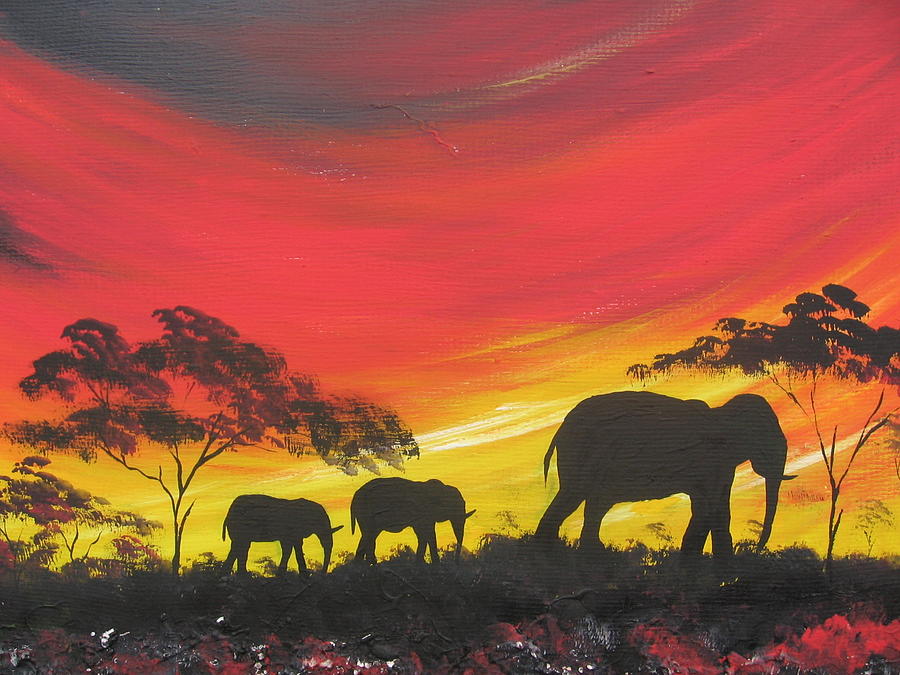 Elephants On Sunset Painting by Kchris Osuji | Fine Art America