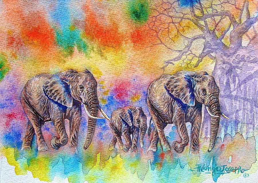 Elephants on the Move Painting by Joseph Thiongo