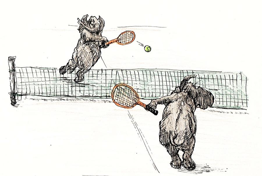Elephants playing tennis Painting by Donna Tucker