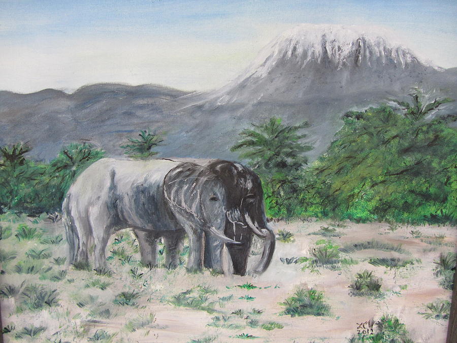 Elephants strolling with view of Mt. Kilimanjaro  Painting by Lucille  Valentino