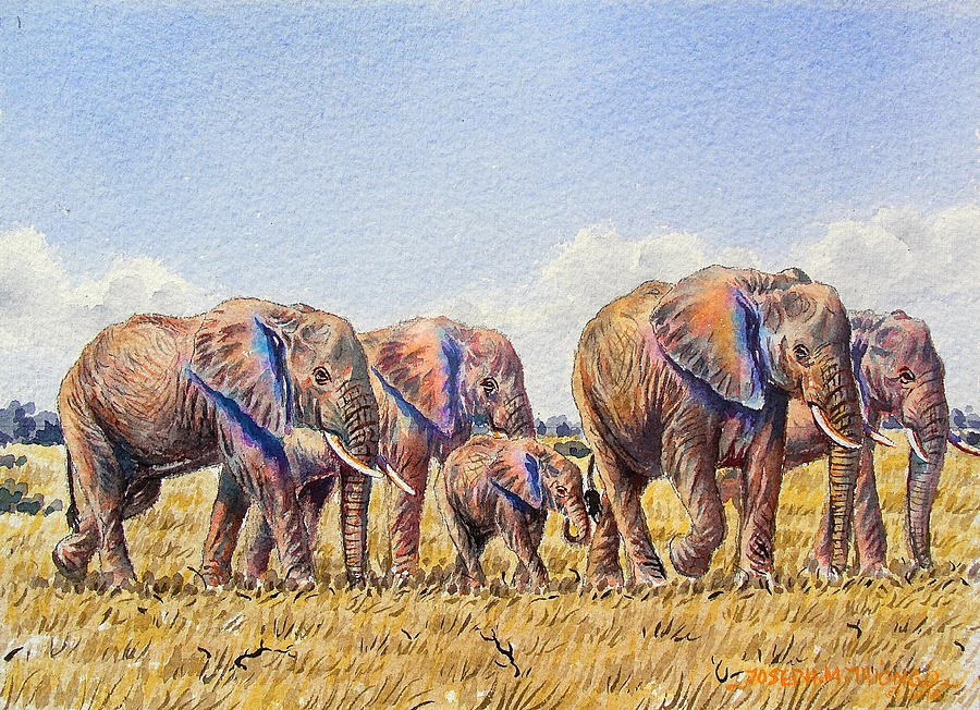 Elephants Walking Painting by Joseph Thiongo