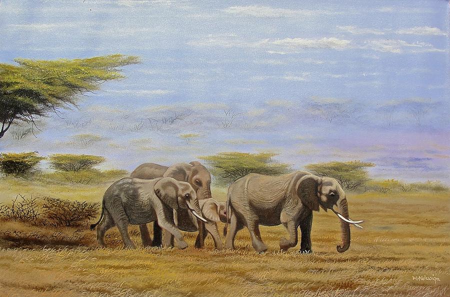 Elephants Walking Painting by Wycliffe Ndwiga