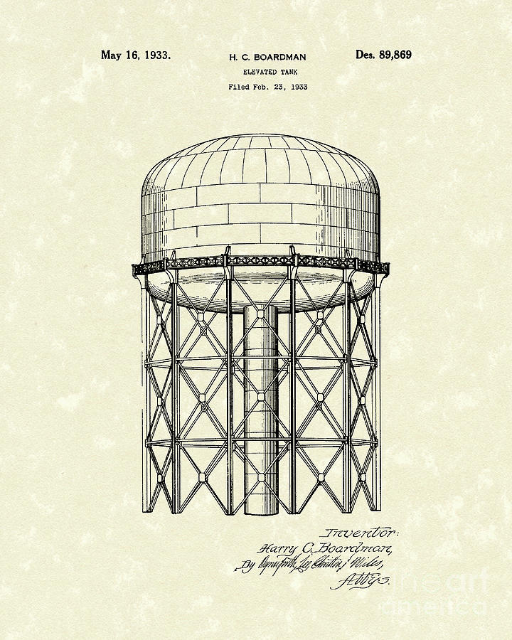 Elevated Tank 1933 Patent Art Drawing by Prior Art Design