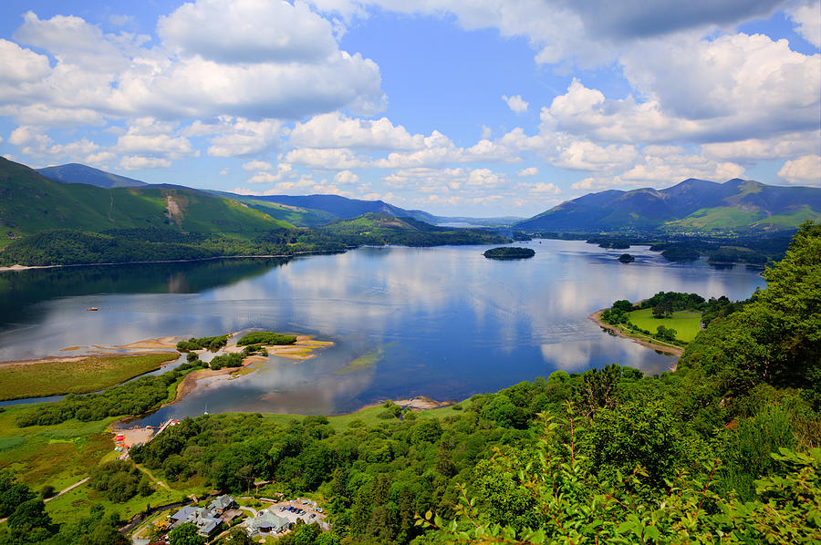 Elevated view of Derwent Water Lake District and mountains Photograph ...