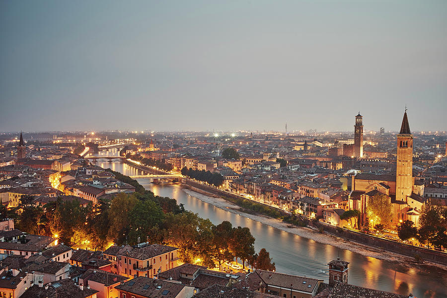 Elevated View Of Verona, Italy, At Dusk Photograph by Gu