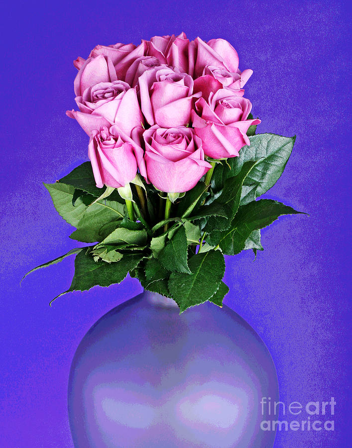 Eleven Pink Roses In Purple Vase Photograph by Larry Oskin